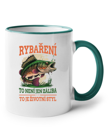 Keramický hrnek s barevným uchem Rybaření je životní styl