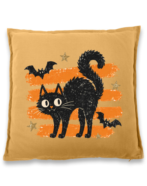 Bavlněný polštář Halloween – kočka s netopýry