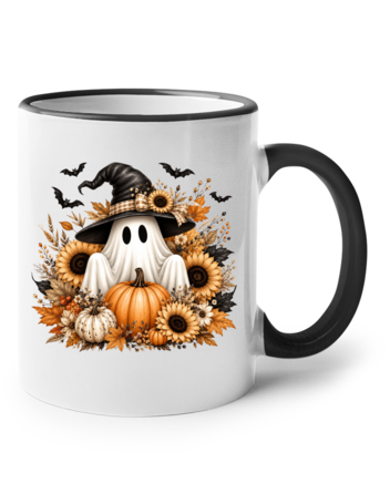 Keramický hrnek s barevným uchem Halloween - duch s čarodějnickým kloboukem