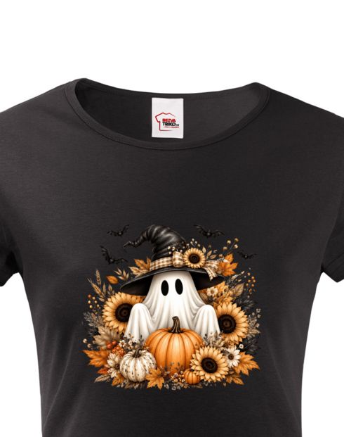 Dámské tričko s krátkým rukávem Halloween - duch s čarodějnickým kloboukem