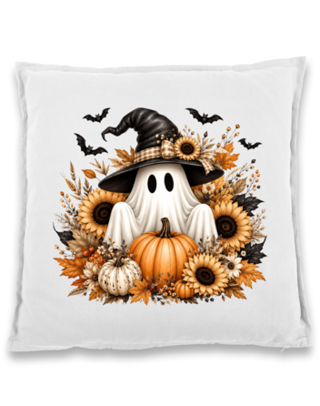Bavlněný polštář – Halloween duch s čarodějnickým kloboukem