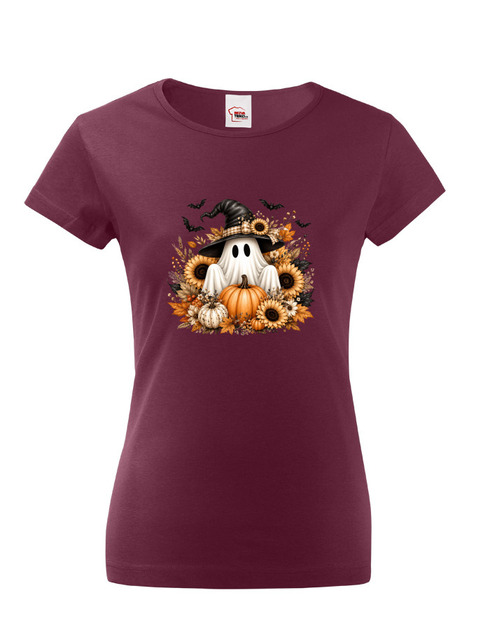 Dámské tričko s krátkým rukávem Halloween - duch s čarodějnickým kloboukem