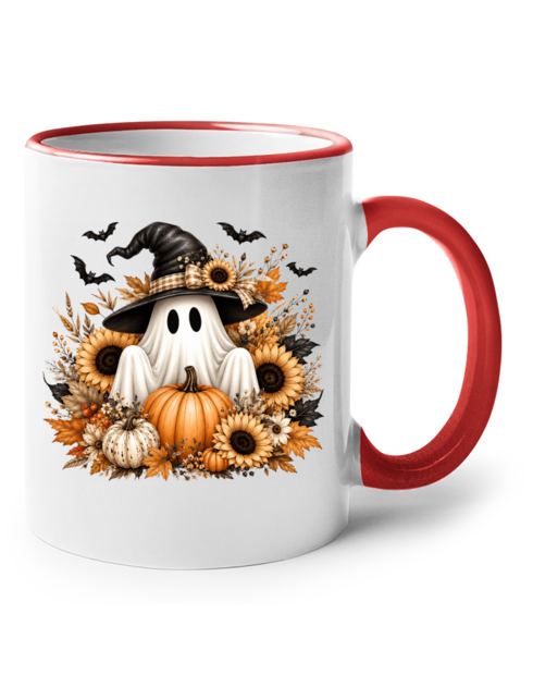 Keramický hrnek s barevným uchem Halloween - duch s čarodějnickým kloboukem