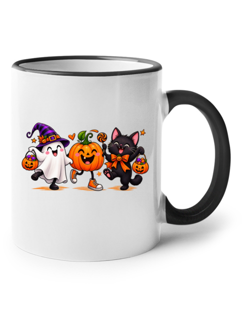 Keramický hrnek s barevným uchem Halloween trio – duch, dýně a kočka