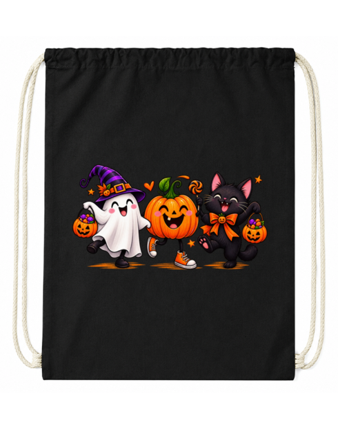 Bavlněný vak na záda Halloween trio – duch, dýně a kočka