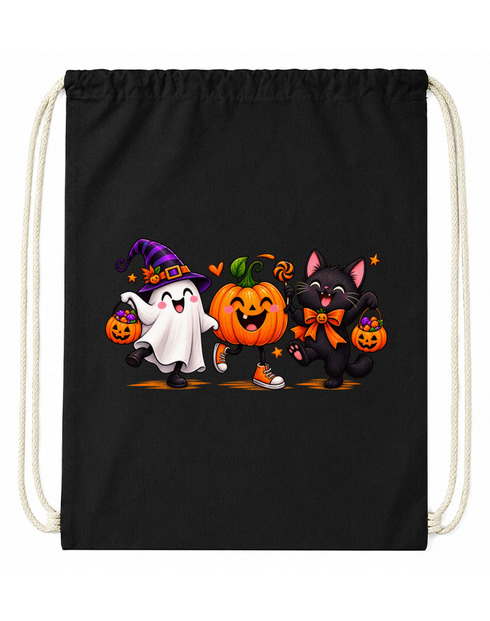 Bavlněný vak na záda Halloween trio – duch, dýně a kočka