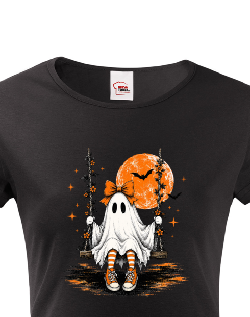 Dámské tričko s krátkým rukávem Halloween - duch na houpačce