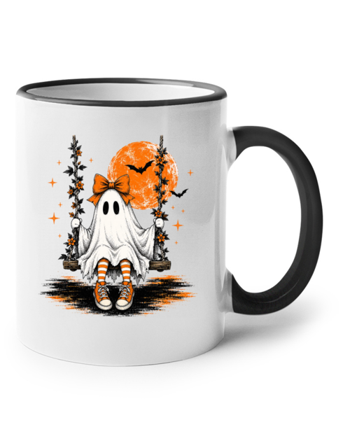 Keramický hrnek s barevným uchem – Halloween duch na houpačce