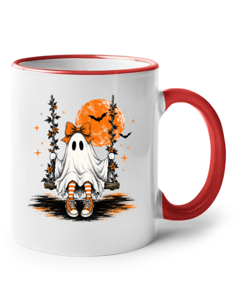 Keramický hrnek s barevným uchem – Halloween duch na houpačce
