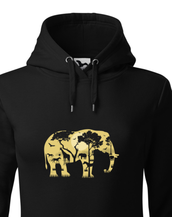 Dámská mikina s kapucí Elephant – silueta slona s africkou krajinou